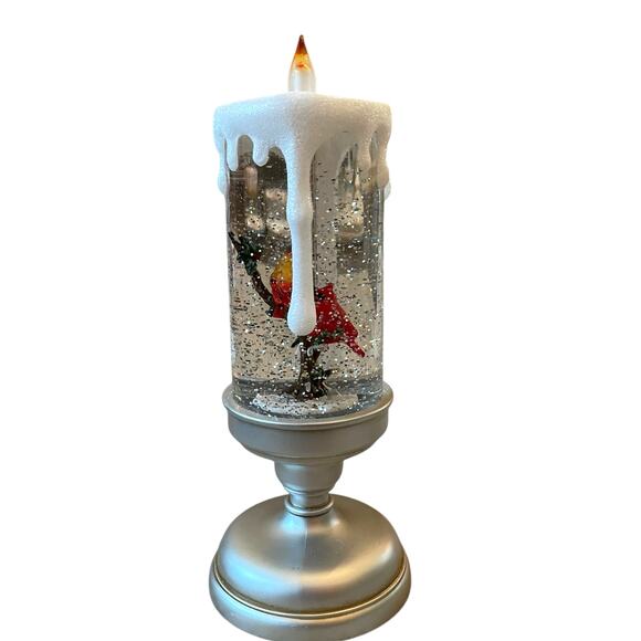 Illuminated Silver Glitter Pedestal Candle 13in Christmas Cardinal New - Picture 6 of 10
